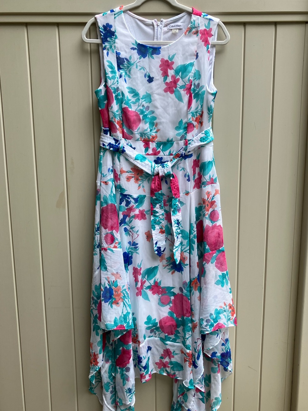 Calvin Klein floral sleeveless high low chiffon dress sz 12 Eurosummer tie waist